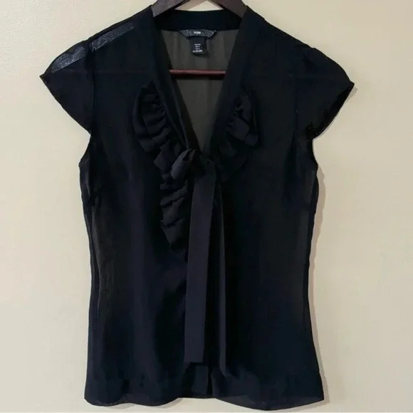 •SOLD•|H&M| Sheer Black Cap Sleeve Ruffle Neck-Bow Top Size S - Picture 1 of 5